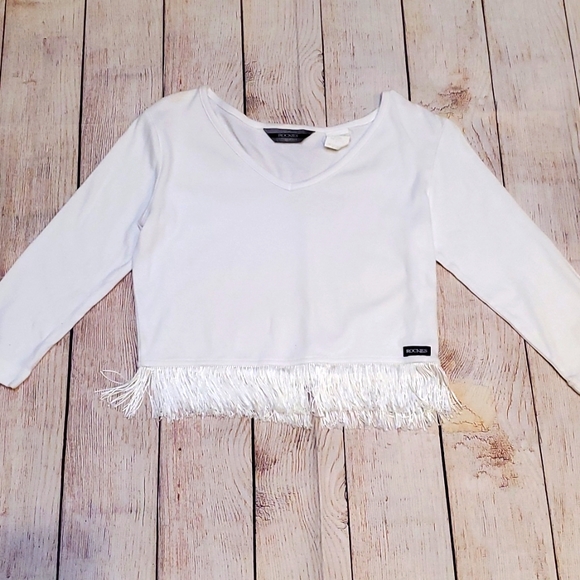 Rockies Tops - Sexy White Crop Tee Vintage Rockies Western with Fringe Size Medium